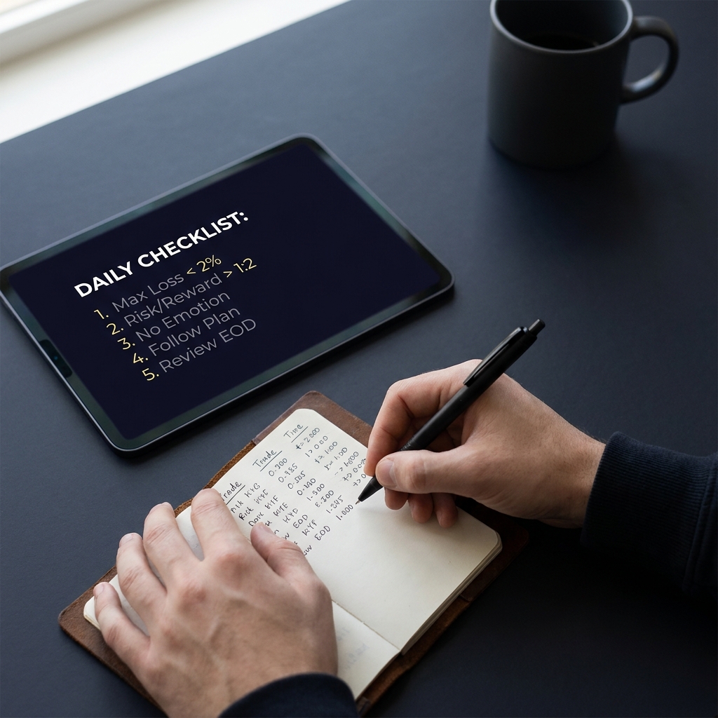 Close up of trader hands writing trade entries in a notebook beside a tablet showing a rule checklist illustrating How Funded Accounts Change the Way Traders Manage Risk in a minimalist Funded Plays aesthetic