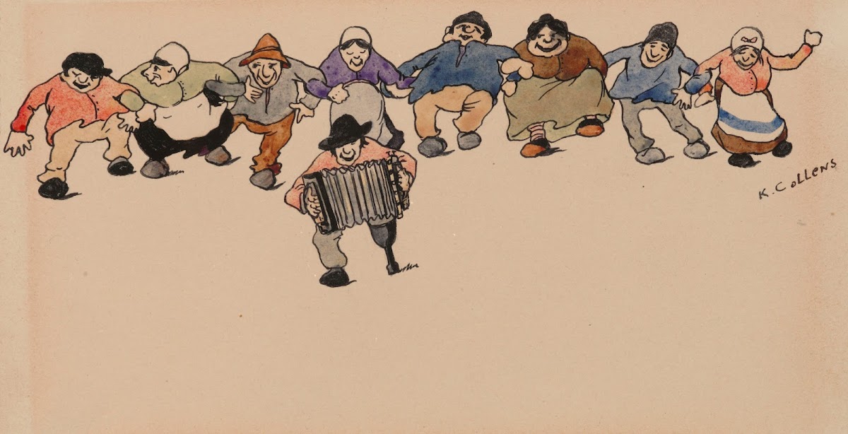 Harmonica Player and a Row of Dancing Figures