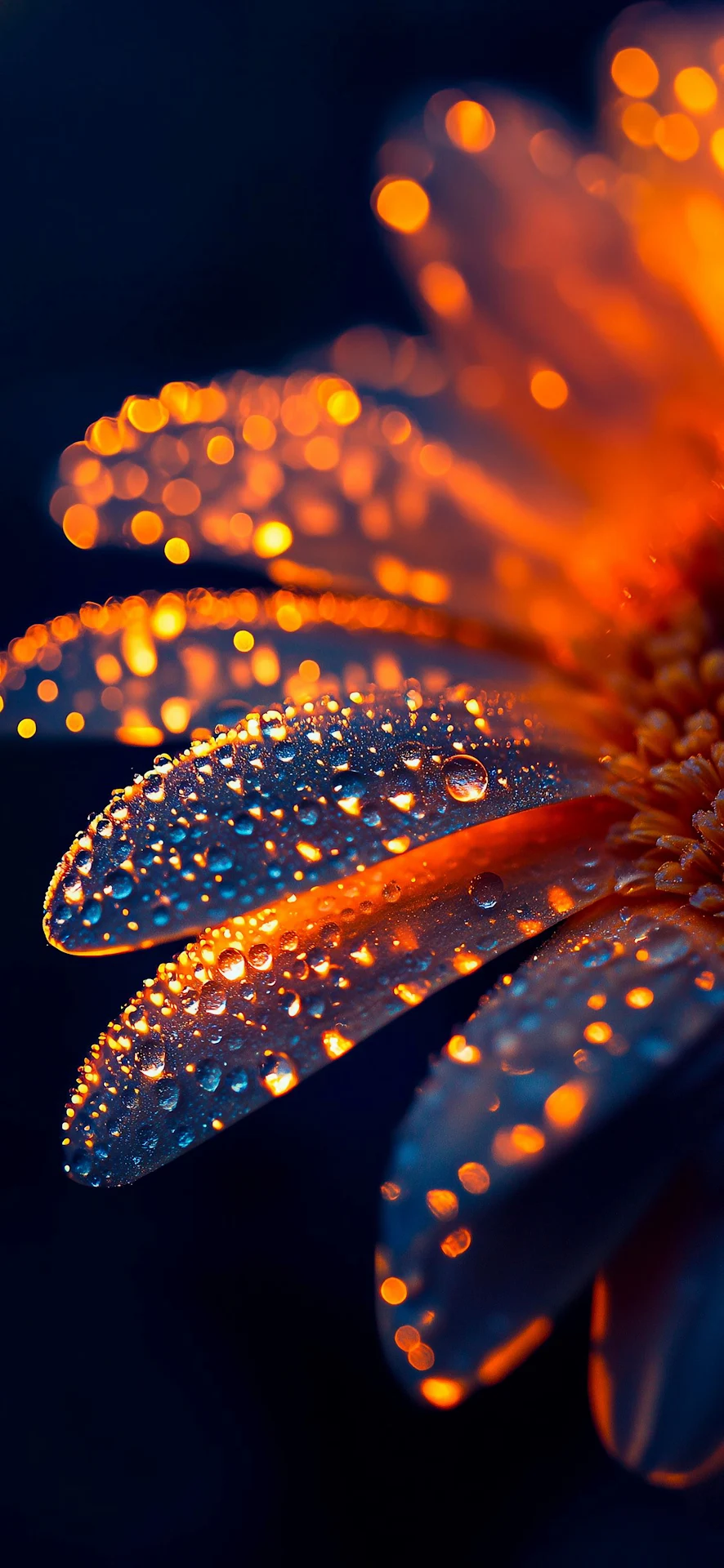 Macro Flower Petals with Glowing Water Droplets and Bokeh - Free 4K mobile Wallpaper