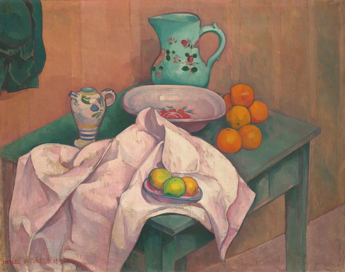 Nature morte pichet assiette fruits sur serviette déployée 1890