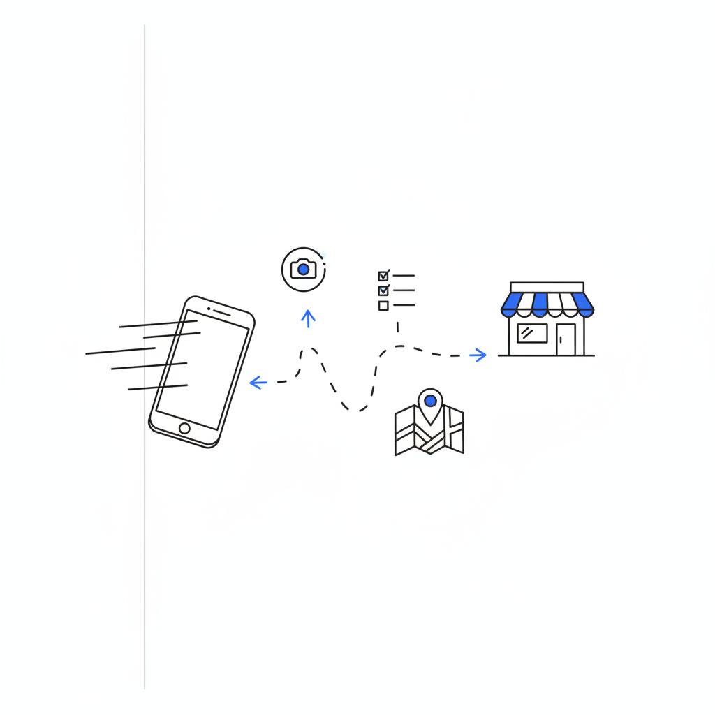 Notebook-style vector sketch of a smartphone mid-walk approaching a storefront with arrows, camera icon, and checklist illustrating a Google Business Profile verification walkthrough