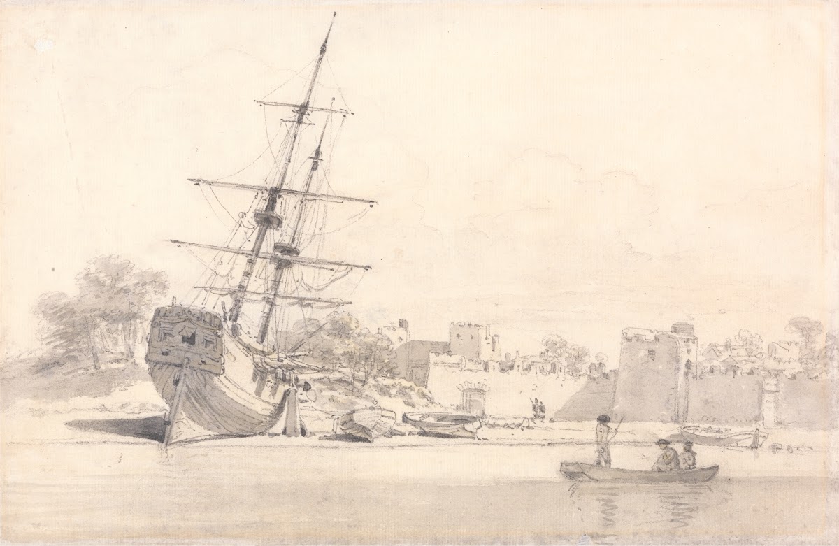 A Small Sailing Ship Drawn Up on the Shore Below Some Fortified Buildings