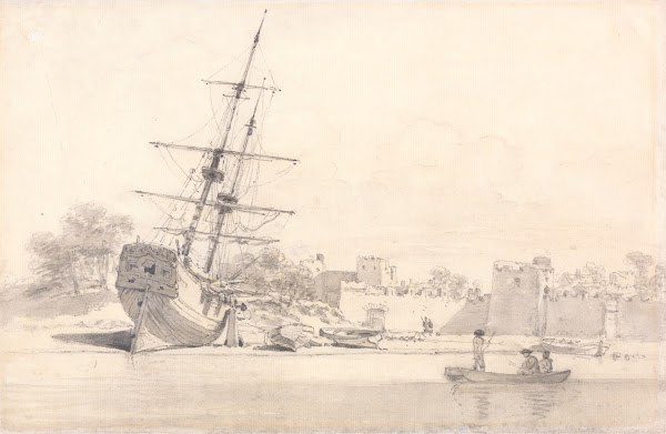 A Small Sailing Ship Drawn Up on the Shore Below Some Fortified Buildings