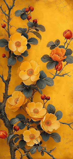Traditional Chinese Floral Art Yellow Orange Blossoms - Free mobile Wallpaper