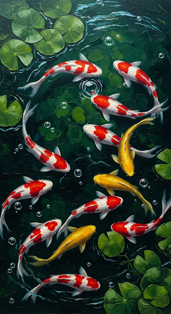 Oil Painting of Nine Red and White Koi Fish Swimming in a Dark Green Pond with Lily Pads - Free mobile Wallpaper