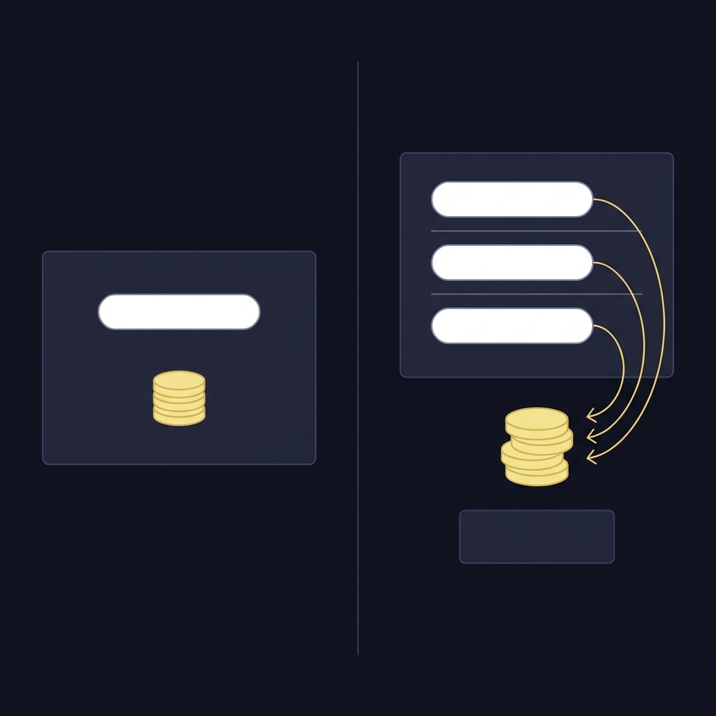 Minimalist vector split illustration of a single bet and a three leg accumulator on a bet slip app arrows show selections converging into a larger payout icon dark Funded Plays color palette