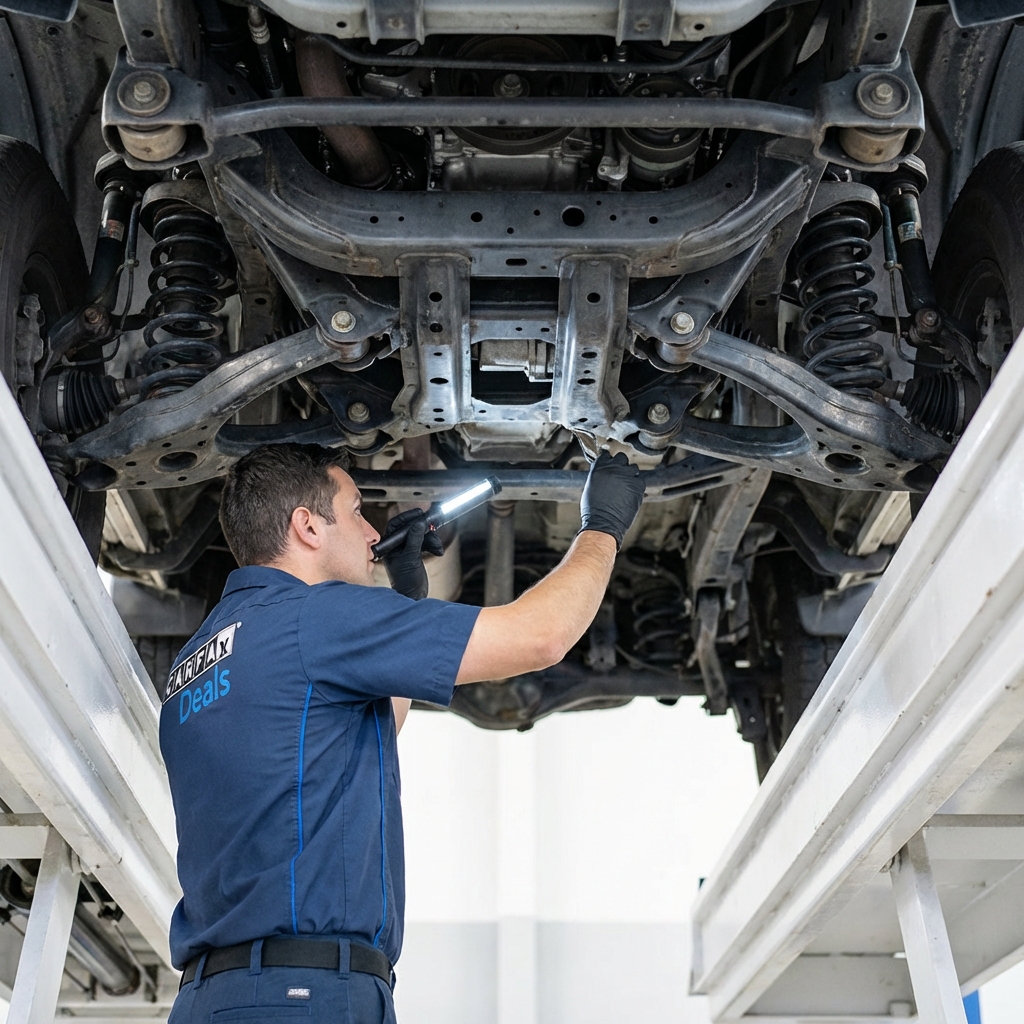 Close up of a used 4runner for sale underbody inspection showing frame suspension components and mechanic on lift clean white background
