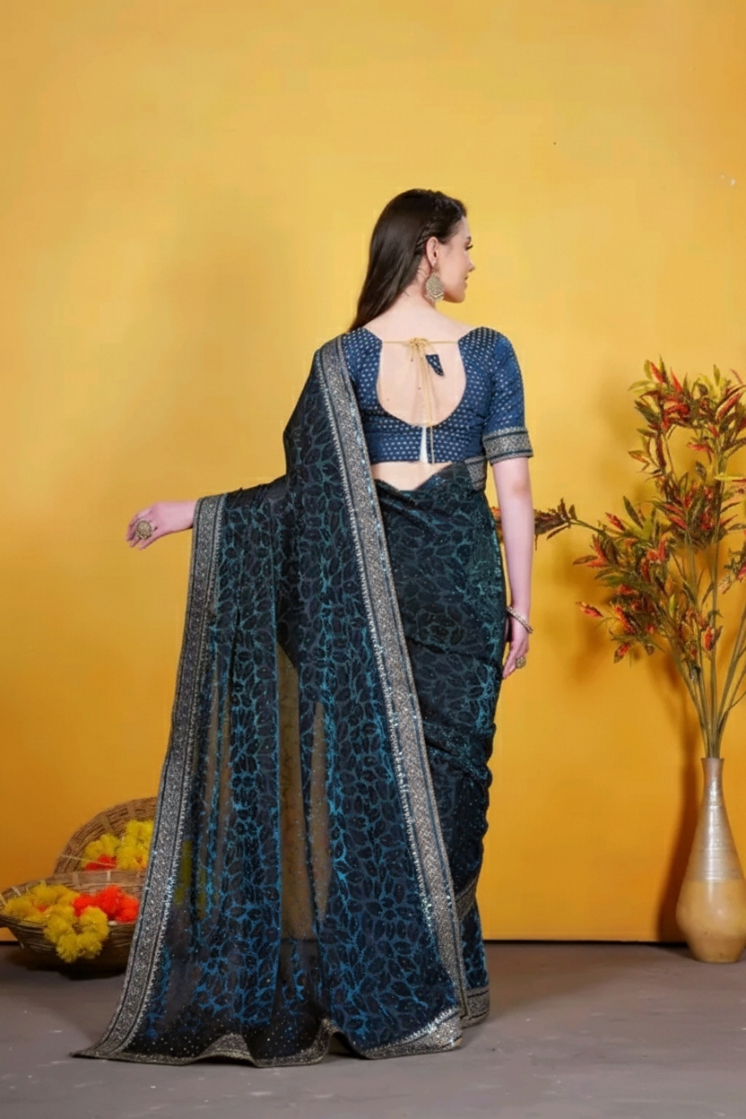 Party wear saree for women and girls with sequin  lace border and blouse piece farewell saree for girls