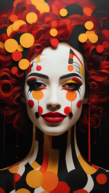 Abstract Clown Makeup Portrait with Red Orange Geometric Shapes - Free mobile Wallpaper