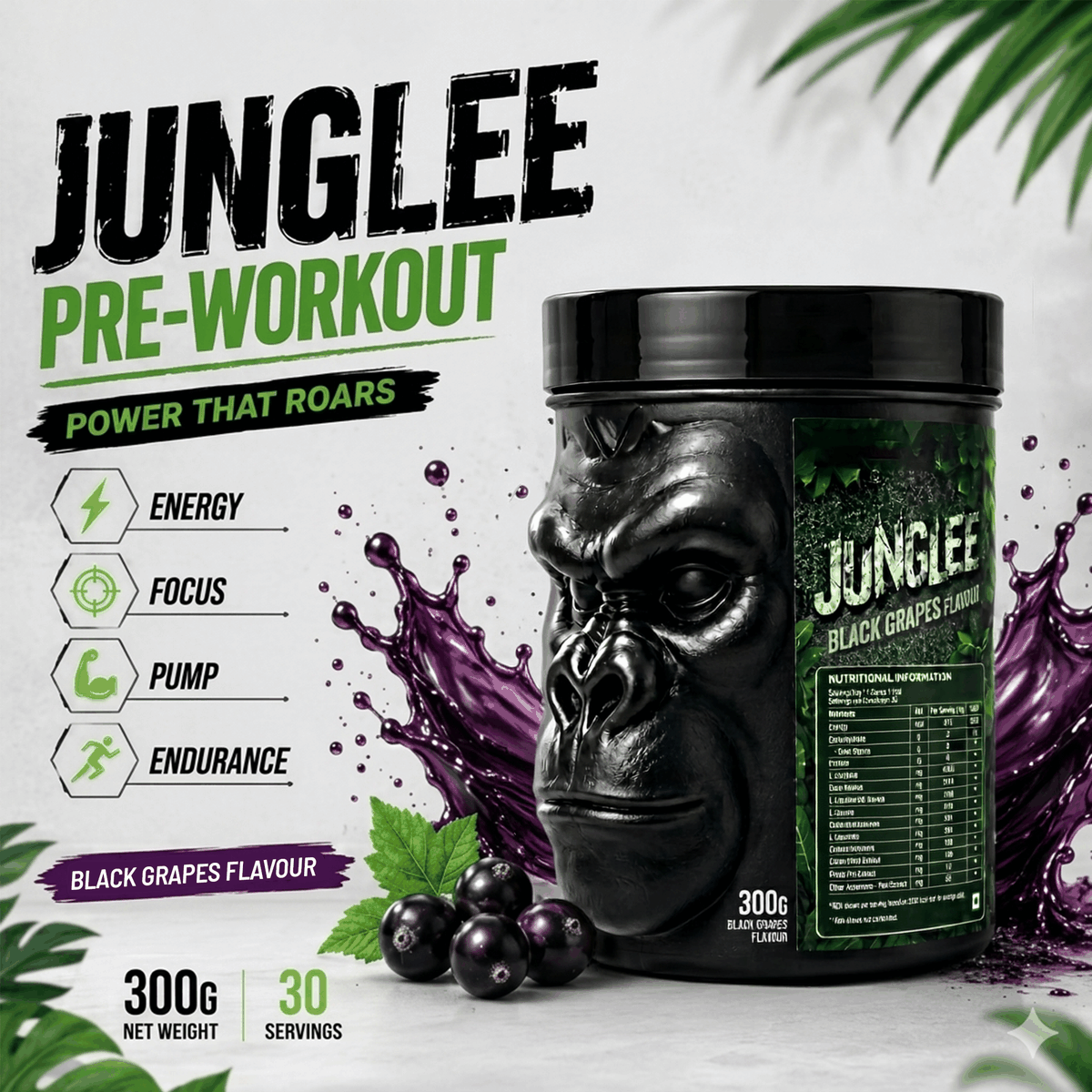 Absolute Nutrition Junglee Pre Workout — Black Grapes, 300g