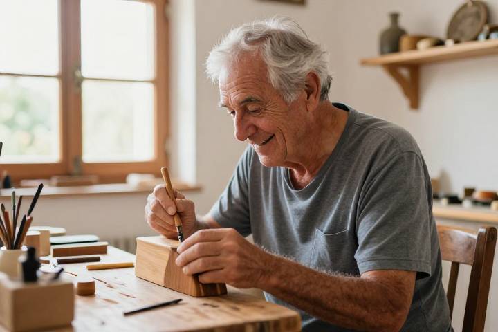 رجل إيطالي مسن يمارس هواية النجارة الممتعة بكل تركيز وشغف
