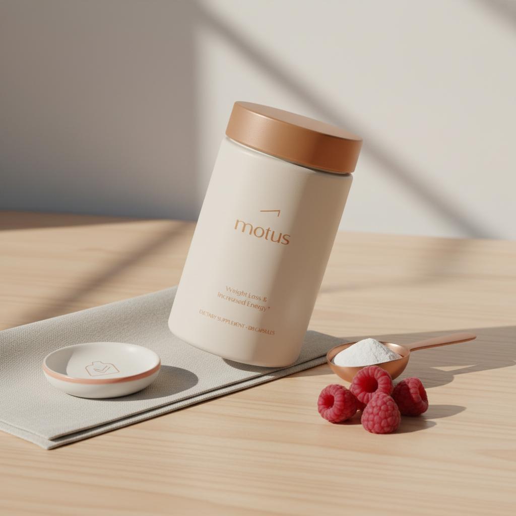 Minimal photorealistic still-life of Tonum Motus supplement container (collagen burner) on light wood with linen cloth, collagen powder scoop and berries in soft left window light.