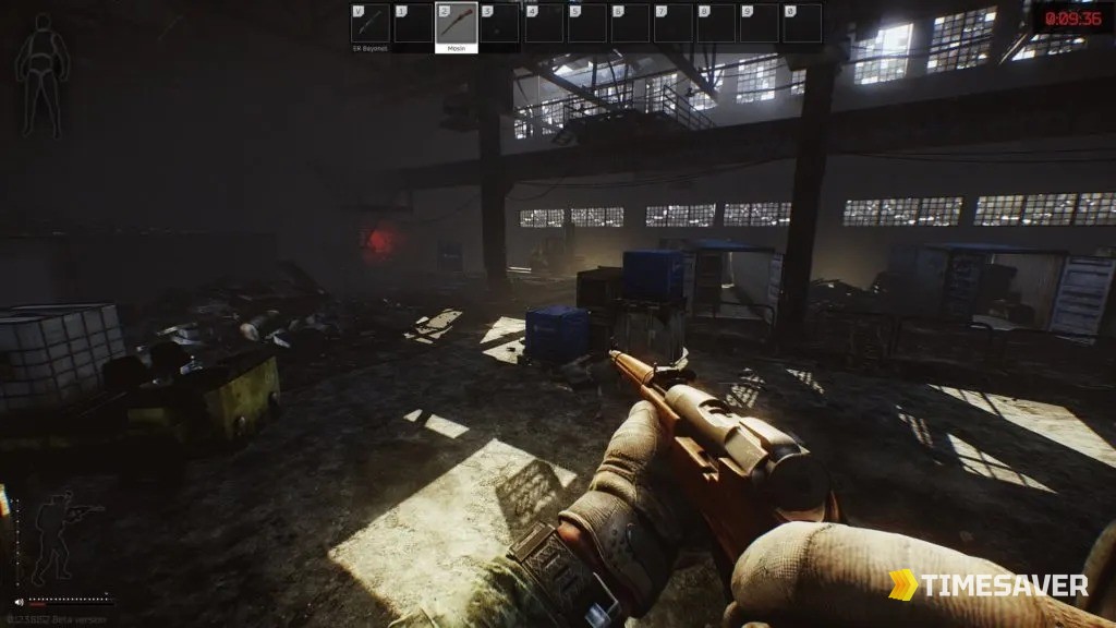 Escape from Tarkov Factory interior — the industrial main hall with cargo boxes and catwalks, first-person view