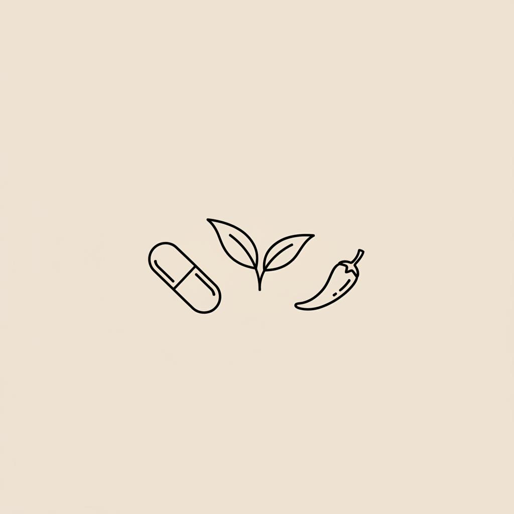 Minimal 2D vector line illustration of a capsule, tea leaf, and chili pepper on a beige background, evoking natural ingredients for fast metabolism pills