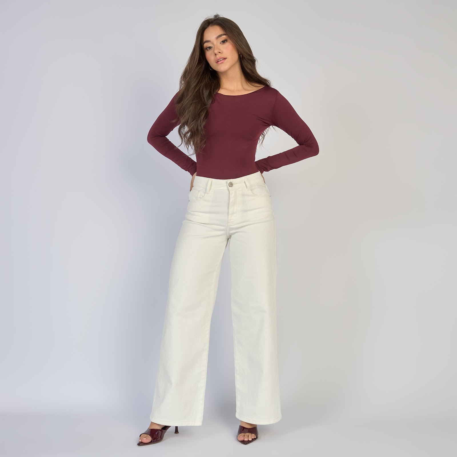 Jean dama wide leg tiro alto licrado, color Ivory