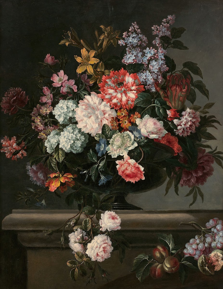 Vase de fleurs et fruits sur un entablement