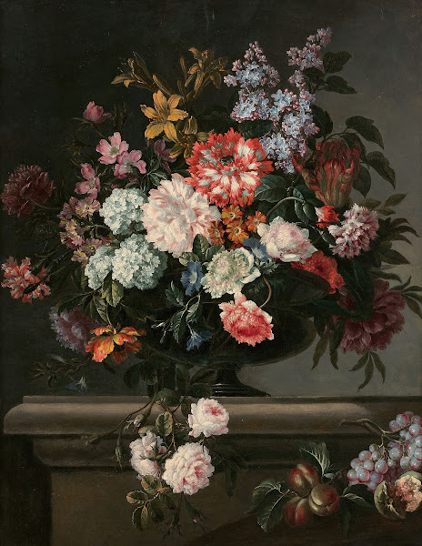 Vase de fleurs et fruits sur un entablement