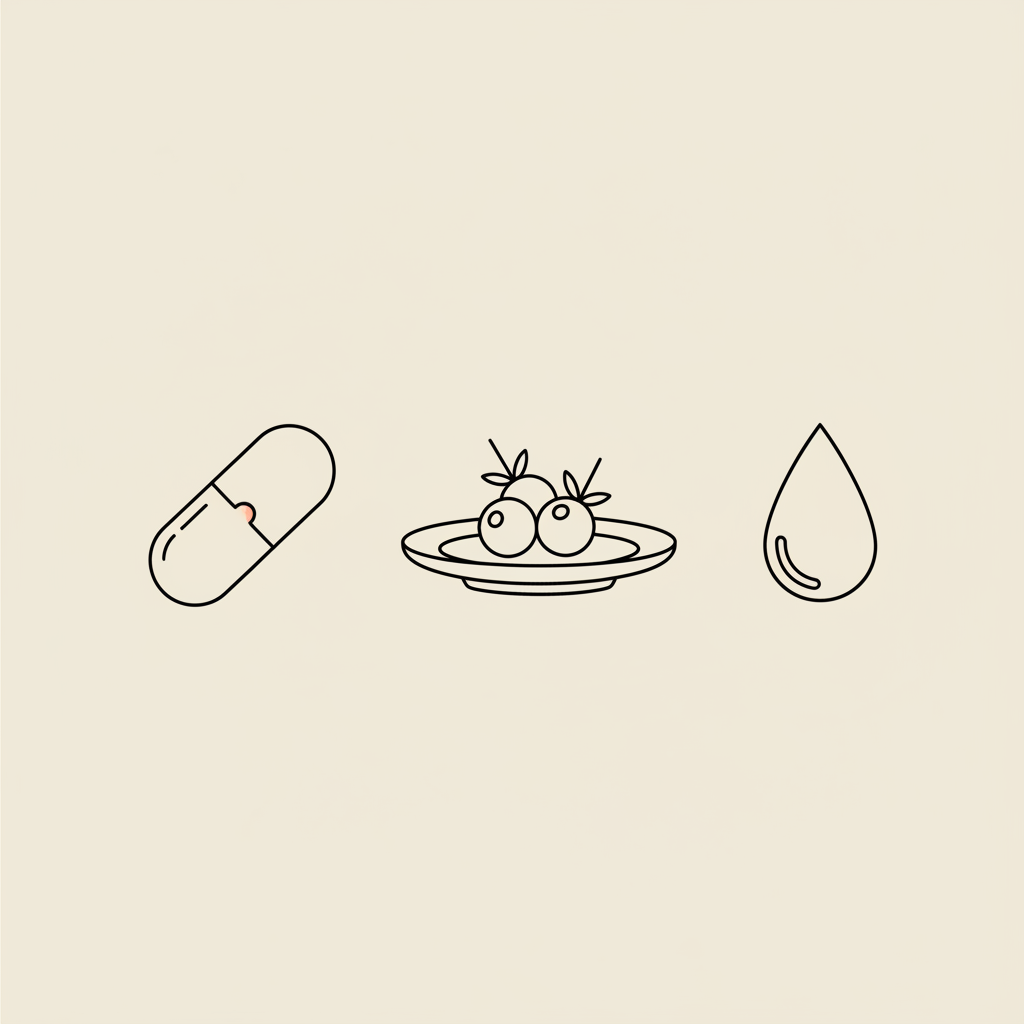 Minimalist vector line illustration of a capsule, small plate with berries, and a water droplet on a beige background for weight loss pills articles