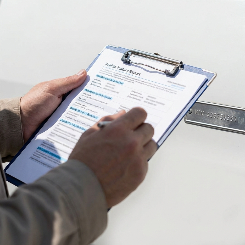 Close up of a vehicle VIN plate and hands holding a vehicle history report on a clipboard for chevy trucks for sale minimalist white background and subtle blue accents