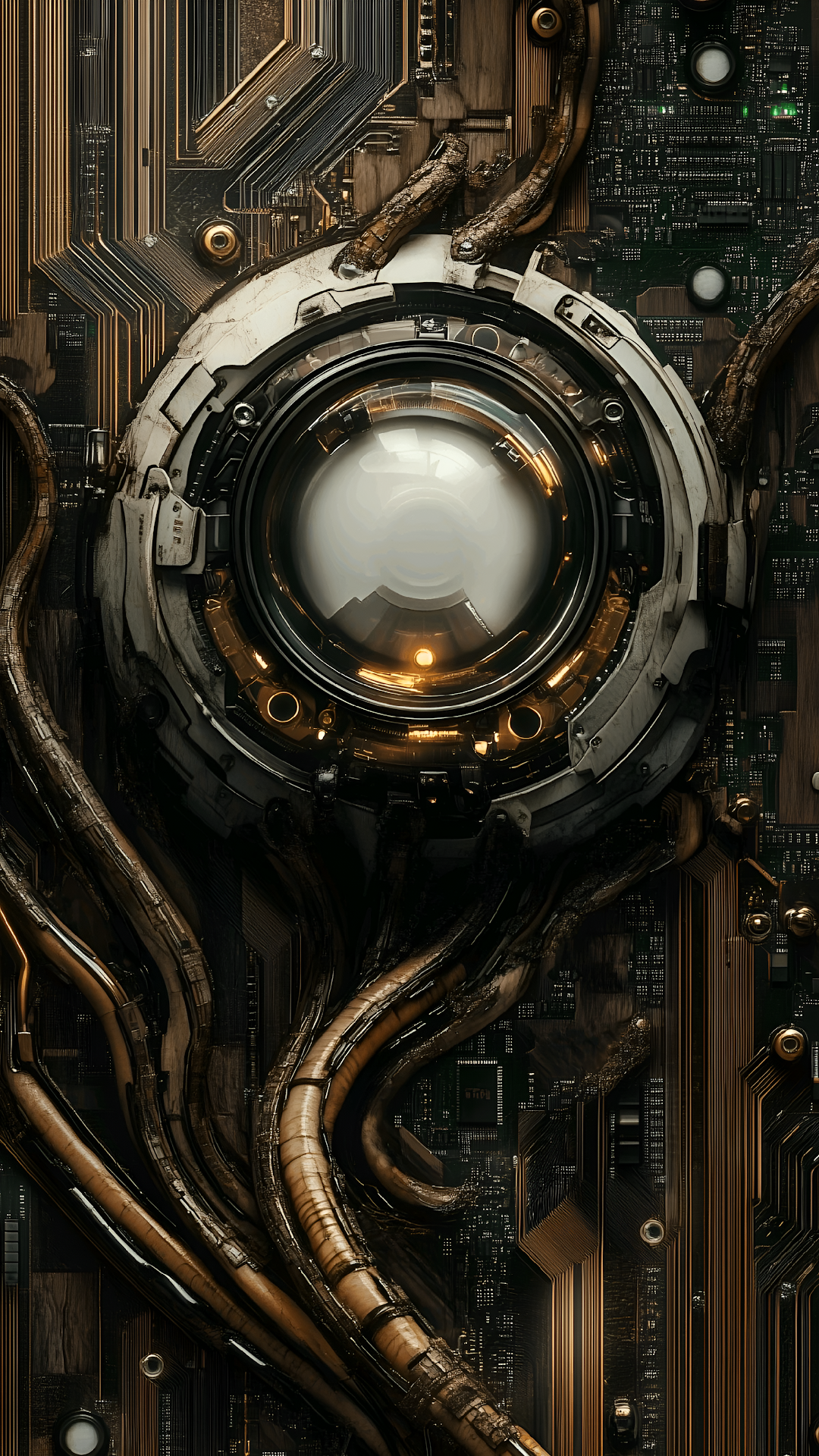 Steampunk Cyborg Eye Lens on Dark Circuit Board Background - Free 4K mobile Wallpaper