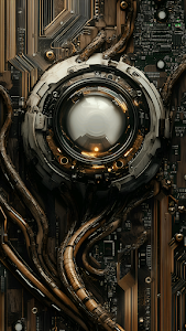 Steampunk Cyborg Eye Lens on Dark Circuit Board Background