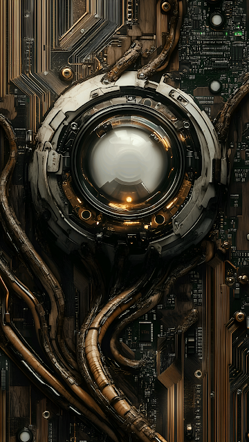 Steampunk Cyborg Eye Lens on Dark Circuit Board Background - Free mobile Wallpaper