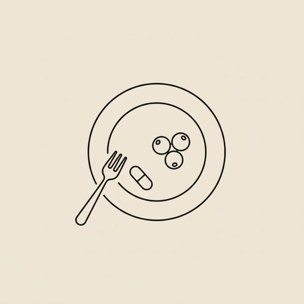 Minimalist Tonum-style line illustration of a plate with a cluster of berries, a capsule and a fork on a beige background — 5 4 3 2 1 grocery rule