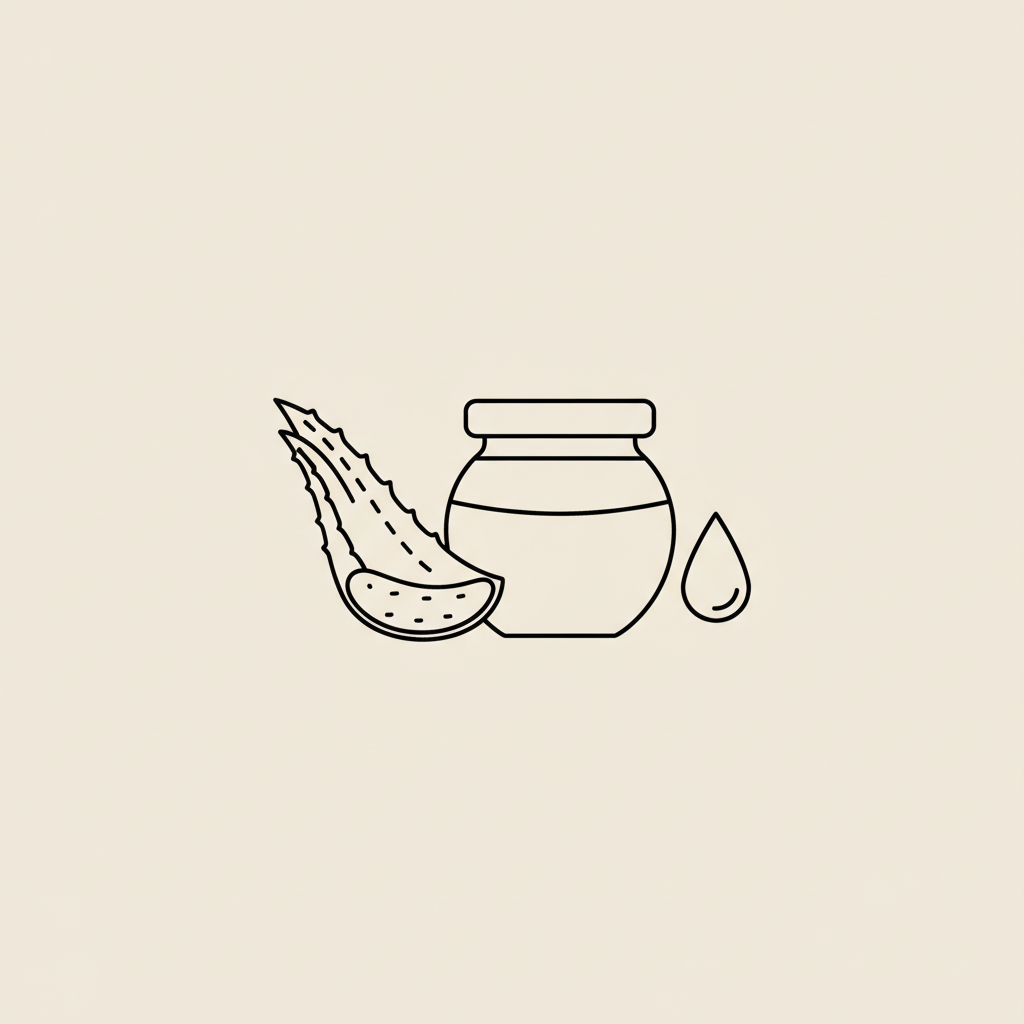 Minimalist 2D line illustration of an aloe vera leaf, honey jar and water droplet on a beige background representing what helps burns naturally