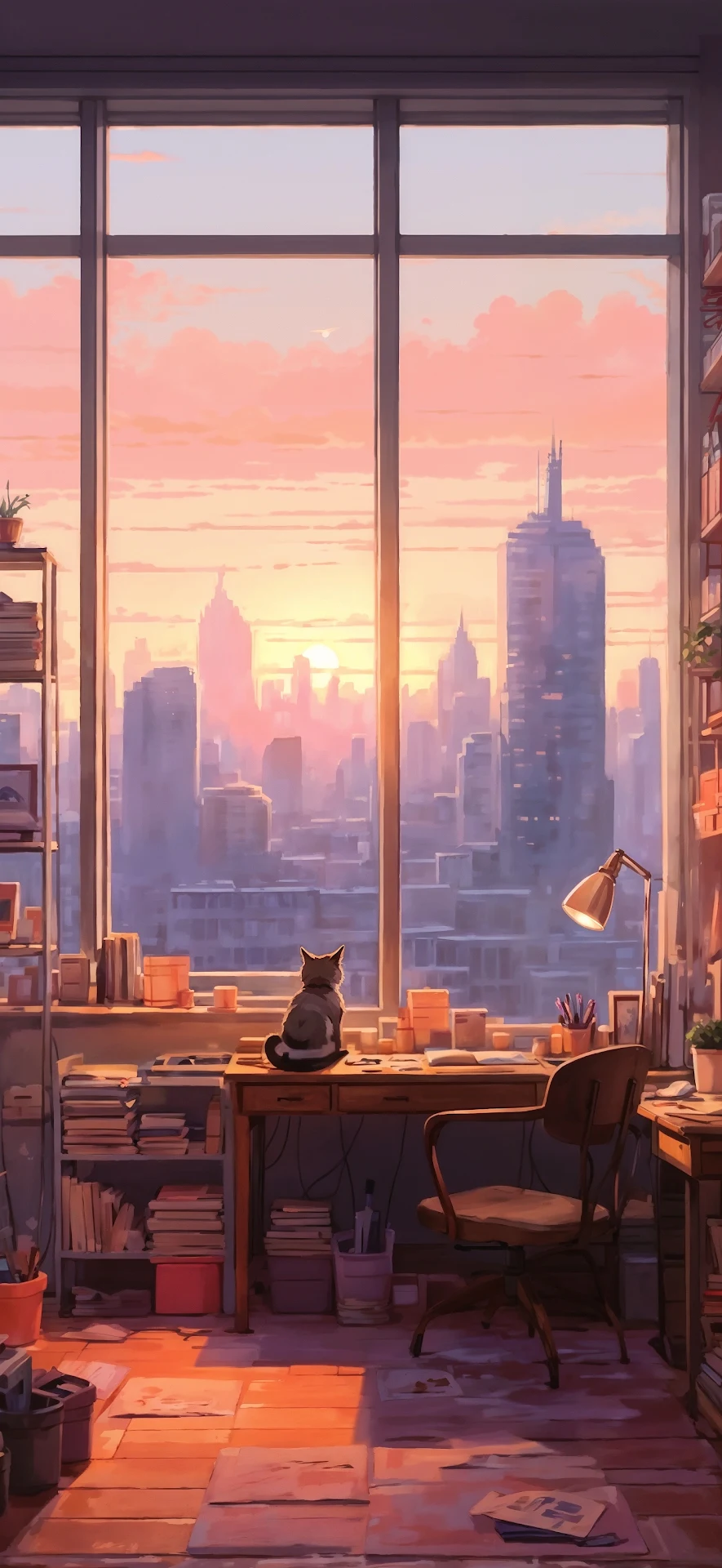 Cat Watching Sunset Over City from Cozy Studio - Free 4K mobile Wallpaper