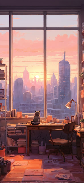 Cat Watching Sunset Over City from Cozy Studio - Free mobile Wallpaper