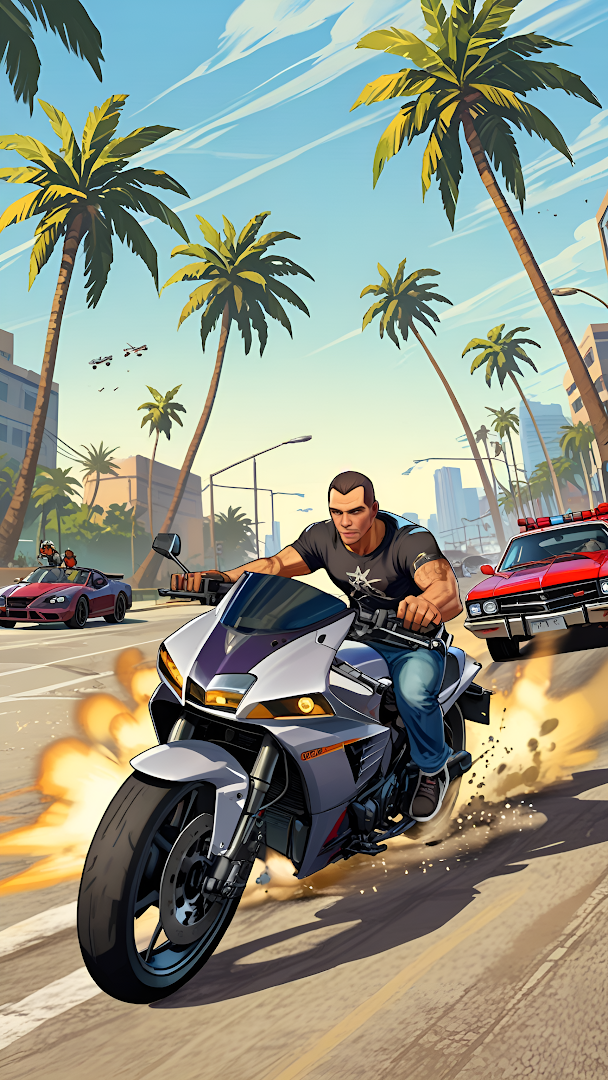 Motorcyclist Racing Through Palm Tree City Street