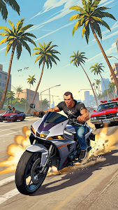 Motorcyclist Racing Through Palm Tree City Street