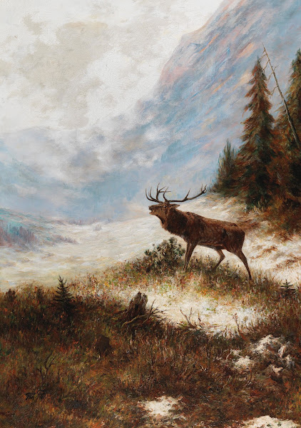 Bellowing Stag in a Winter Landscape
