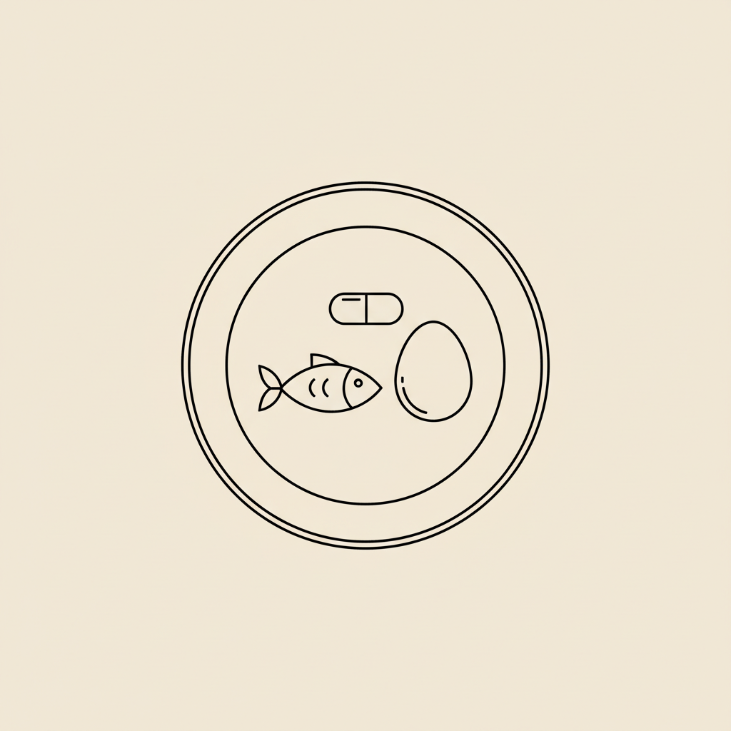 Minimalist Tonum-style line illustration of a plate with fish, egg, and a small capsule on a beige background, representing nutrition and science — does protein reduce belly fat