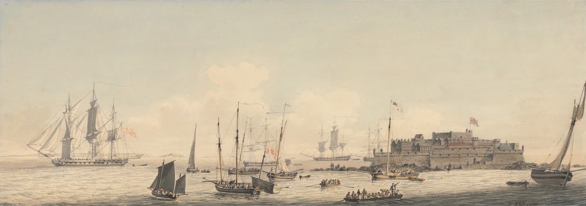 View of Castle Cornet Guernsey Channel Islands with Shipping ca 1800