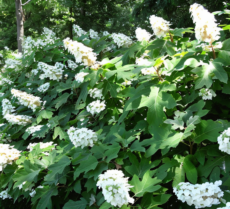 Hydrangea quercifolia 'Snow Queen' con fioritura bianca conica in giardino