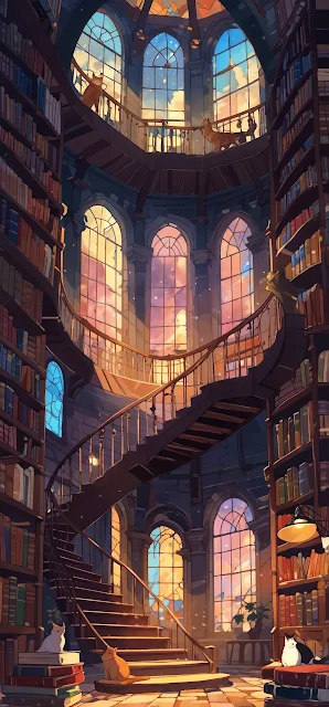 Grand Library with Spiral Staircase and Cats