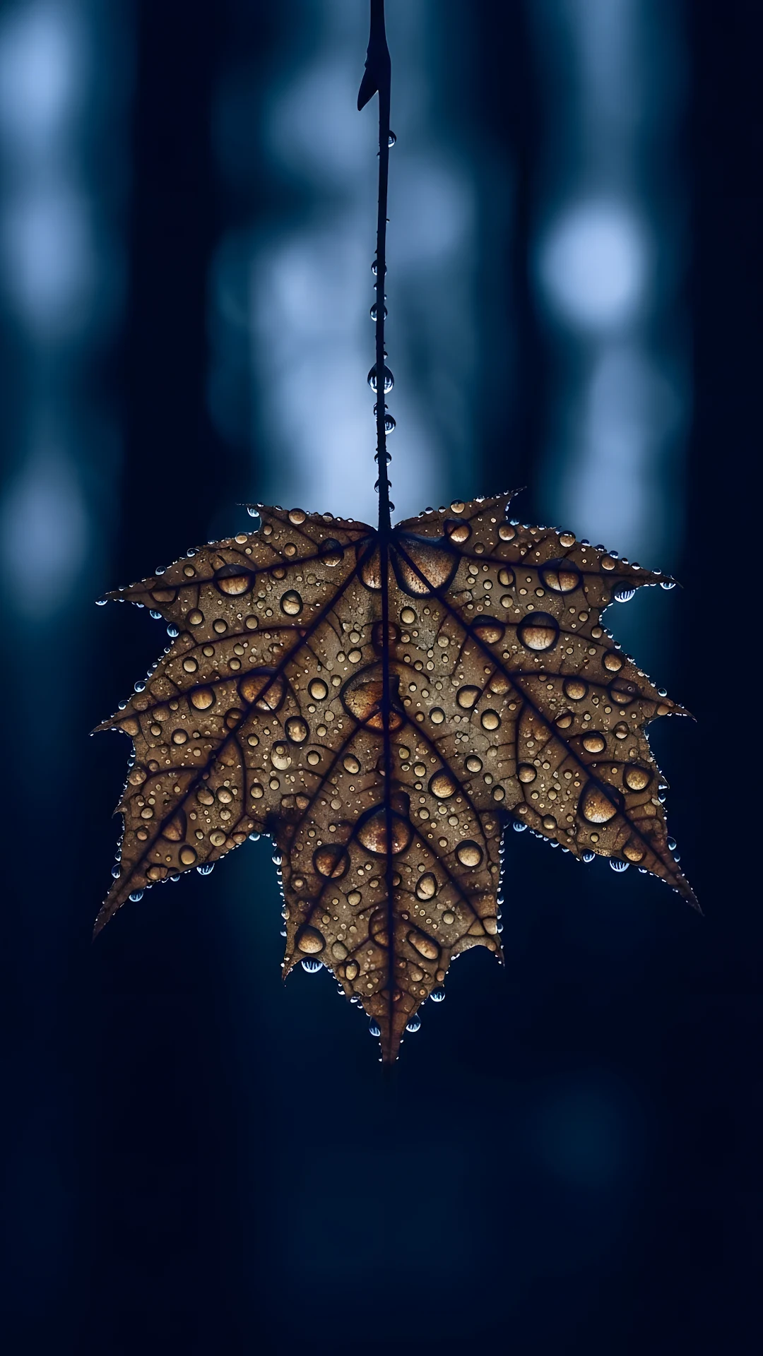 Maple Leaf Covered in Raindrops Against Dark Bokeh - Free 4K mobile Wallpaper