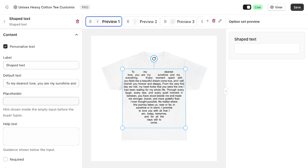 Content panel with Personalize text, Label, Default text, Placeholder, and Help text fields