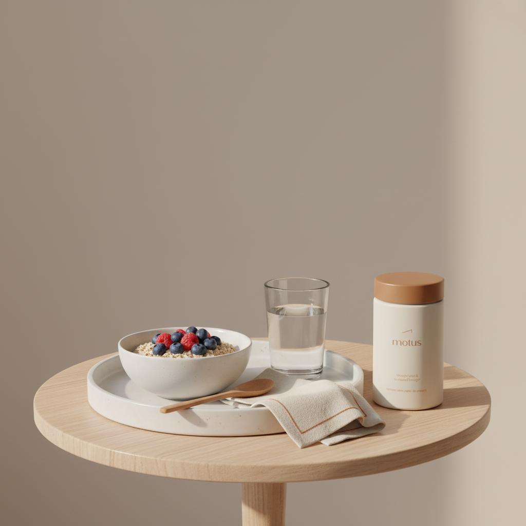 Minimal breakfast tray with oats, berries, glass of water and a Tonum Motus supplement bottle on a small table against a soft background illustrating how to reduce liver fat.