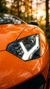 Macro Close-up of an Orange Supercar Headlight with Sunset Reflections