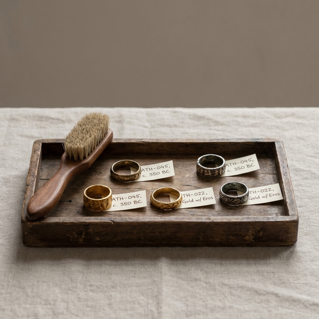 Minimalist close up of ancient greek wedding bands on a wooden tray with provenance slips and a small conservation brush in Aurora Antiqua neutral palette