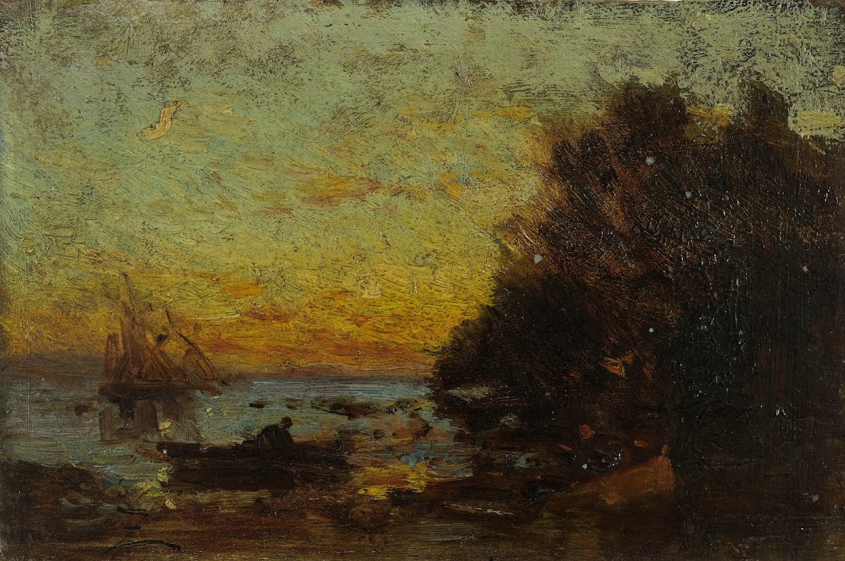 Barque et voiliers coucher de soleil Au revers Marine 1850 1860