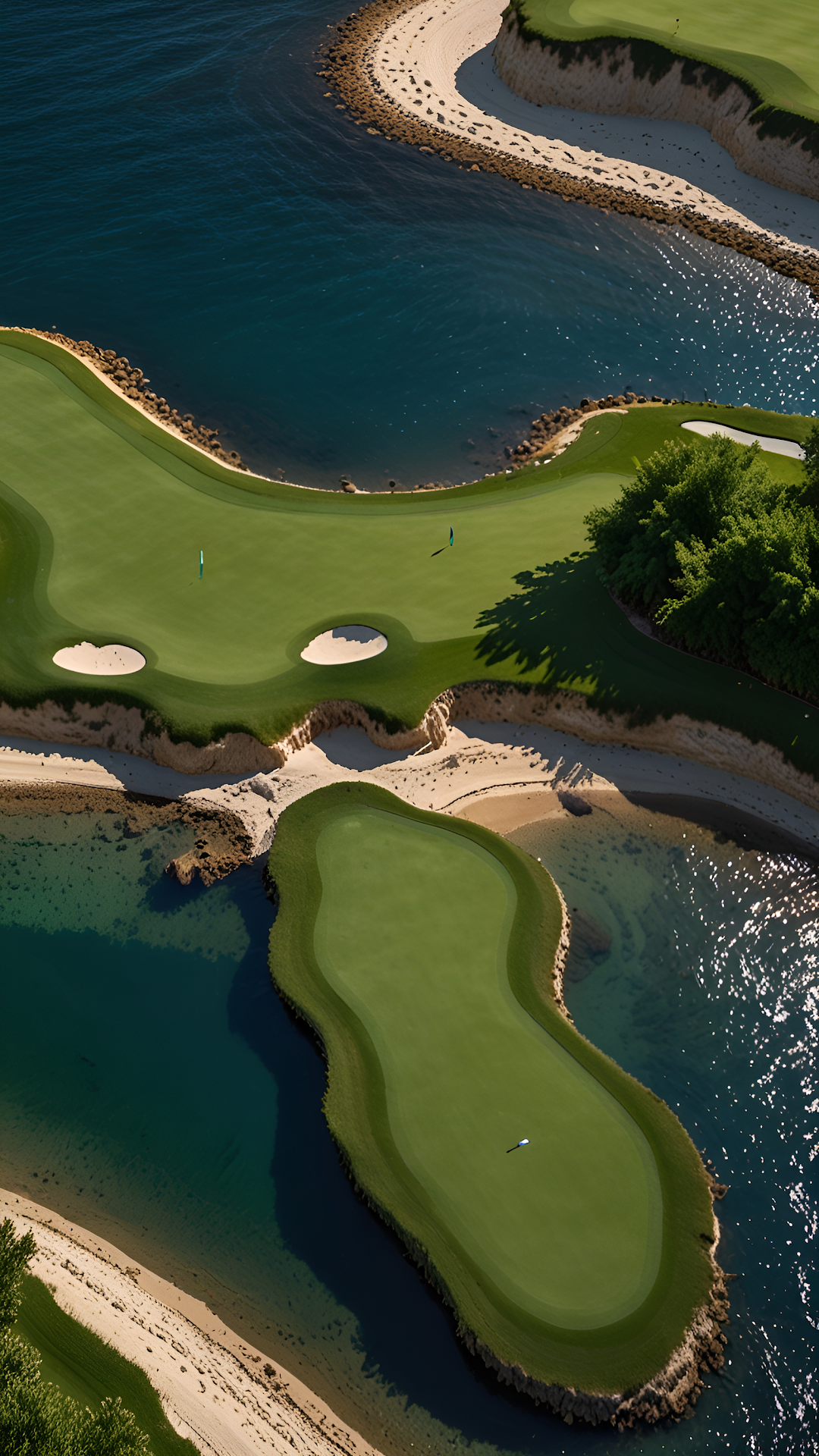Aerial View Luxury Golf Course Island Green Water Landscape - Free 4K mobile Wallpaper