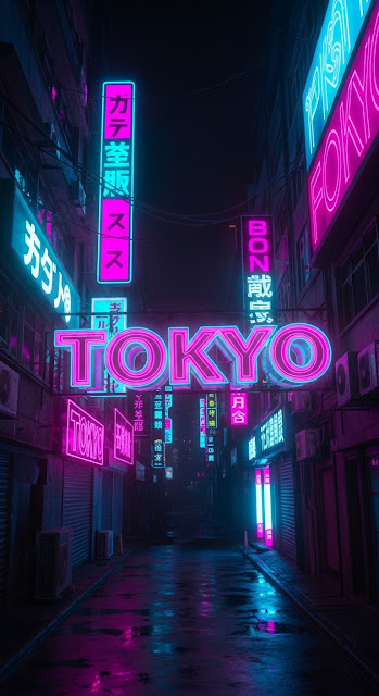 Cyberpunk City Street with Glow Signage - Free mobile Wallpaper