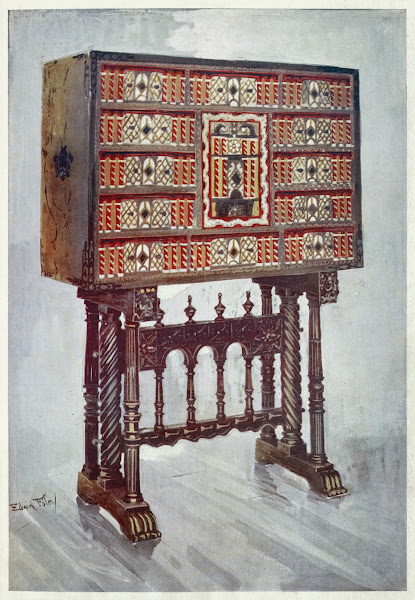 Vargueno cabinet of chestnut ivory etc painted and gilt with wrought iron and st