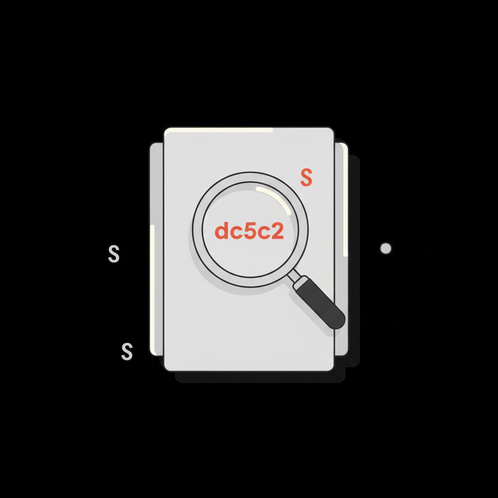 Minimalist vector close-up of stacked documents and a magnifying glass highlighting a citation, black background with #dc5c2b accent and light #edf1e9 highlights to create a page on Wikipedia