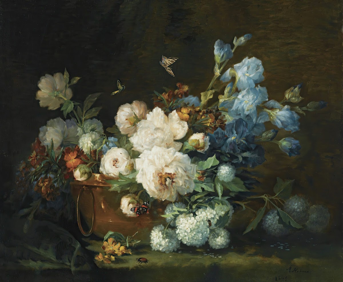 A Flower Still Life With Peonies Irises Hydrangea In A Copper Kettle A Beetle An