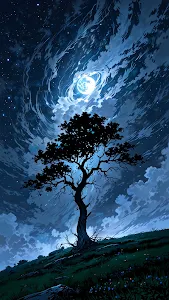 Mystical Tree Silhouette Under Swirling Blue Moonlight Sky