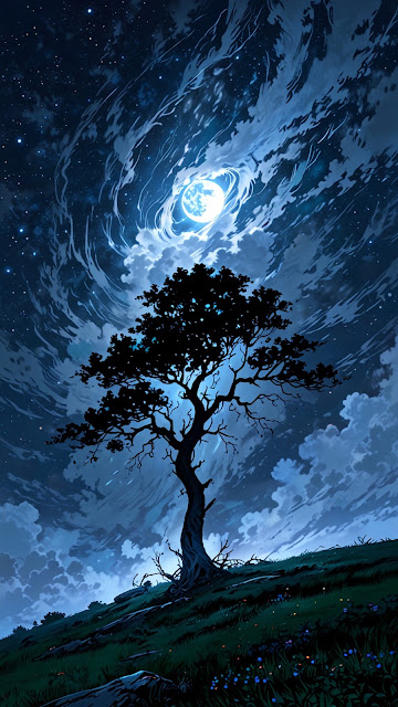 Mystical Tree Silhouette Under Swirling Blue Moonlight Sky - Free mobile Wallpaper